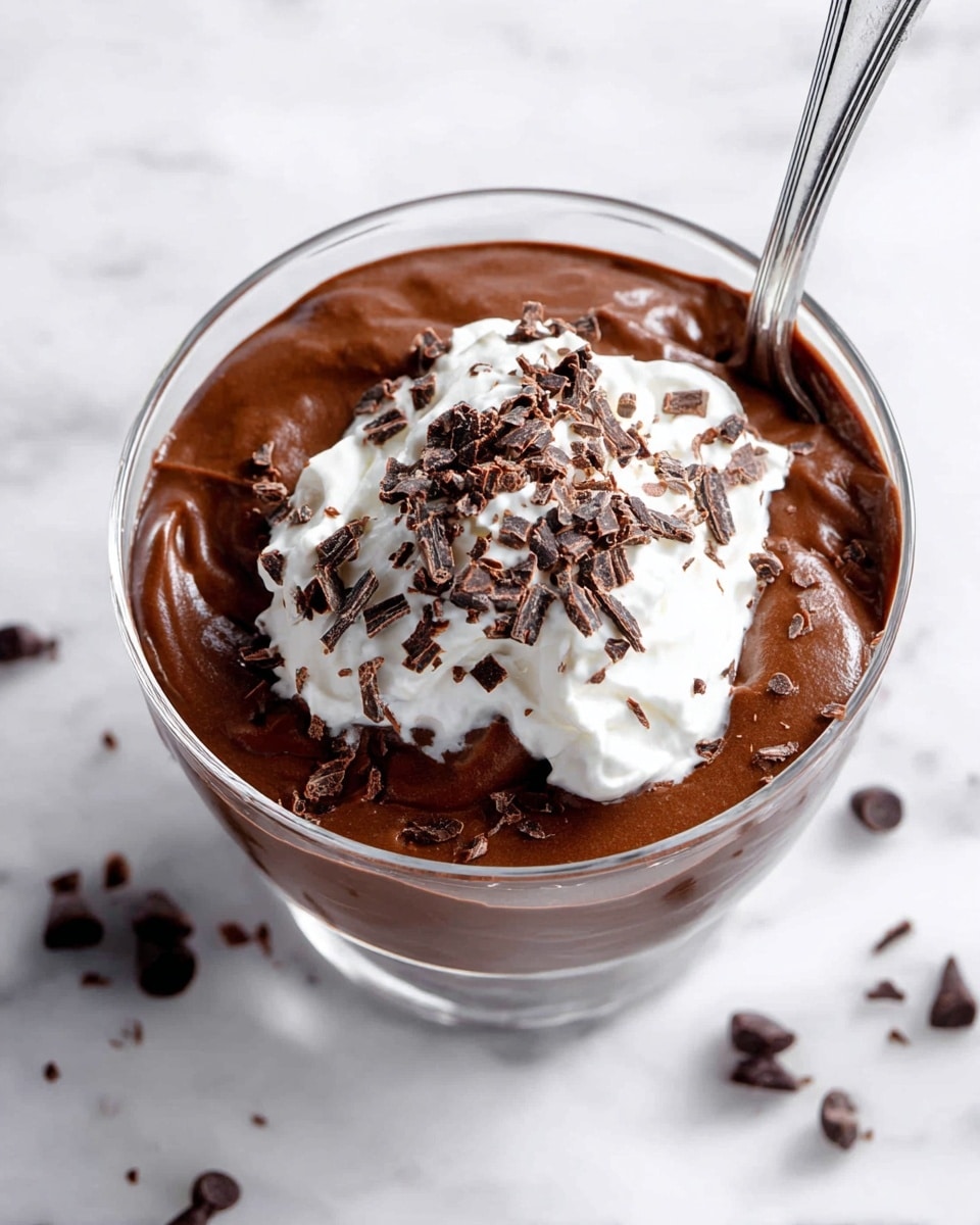 A clear glass bowl filled with one thick and smooth dark brown chocolate pudding layer that looks creamy and rich. On top of the pudding, there is a dollop of white whipped cream placed in the center, decorated with small dark chocolate shavings scattered on the whipped cream and a few around the bowl on a white marbled surface. A silver spoon is inserted into the pudding from the top left side. photo taken with an iphone --ar 4:5 --v 7