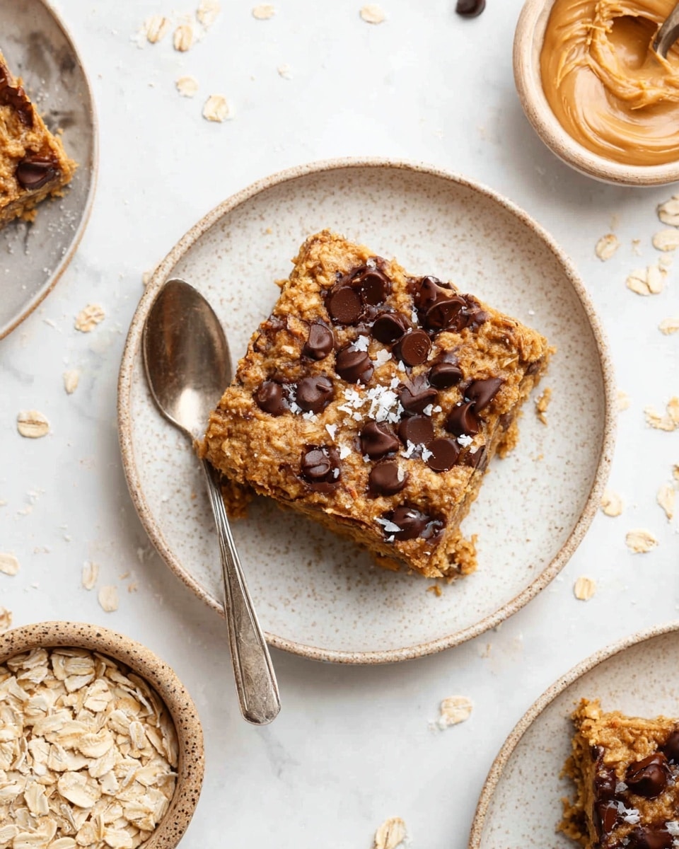 The image shows a square oat cookie on a white plate with a slightly rough texture and light brown color made from oats. The cookie has dark brown melted chocolate chips spread across its top layer, along with a few small white flakes sprinkled on it. The cookie’s surface is uneven and crumbly with visible oat pieces. A silver spoon is partially under the cookie on the left side of the plate. Around the plate, there are small bowls containing raw oats, some peanut butter, and part of another plate with a similar cookie. The background is a clean white marbled texture with scattered oat pieces. photo taken with an iphone --ar 4:5 --v 7