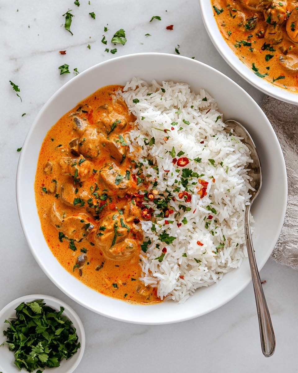 A white plate holds a serving of white rice on one side with small bits of green herbs scattered on top. On the other side, there is an orange creamy curry sauce with visible chunks of mushroom, garnished with small green herbs and red chili flakes. A spoon rests inside the plate on the right side, partially in the rice. The plate sits on a white marbled surface with a small bowl of fresh green herbs nearby and some scattered herbs around. Photo taken with an iphone --ar 4:5 --v 7