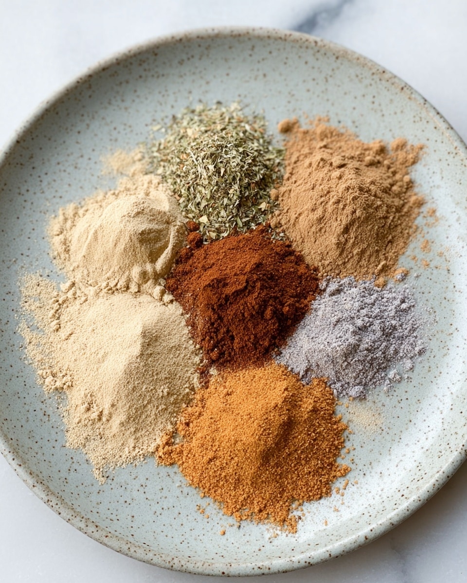 The image shows seven small piles of different powdered spices arranged in a circle on a white speckled plate. Starting from the bottom and moving clockwise, the first pile is a light beige powder with a slightly coarse texture, followed by a greenish herb mixture with fine pieces. Next is a smooth, warm brown powder, then a larger mound of reddish-brown spice with a soft texture. Adjacent to this is a dark brown, almost coffee-colored powder, then a pale lavender-gray powder with a crumbly look, and finally a rusty orange powder with a dry, fine texture. The plate sits on a white marbled surface. photo taken with an iphone --ar 4:5 --v 7