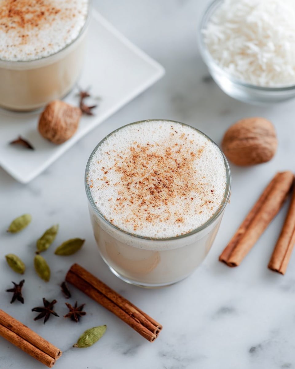 The image shows a clear glass cup filled with a frothy light beige drink topped with a sprinkle of brown spice, sitting on a white marbled surface. Around the cup are whole brown cinnamon sticks, scattered dark brown cloves, two light green cardamom pods, and a small brown nutmeg whole and halved. In the background, there is a white square plate holding another clear glass cup with a similar frothy drink, and a clear bowl filled with shredded white coconut flakes. The scene is bright with soft natural light, creating a clean and fresh look. Photo taken with an iphone --ar 4:5 --v 7