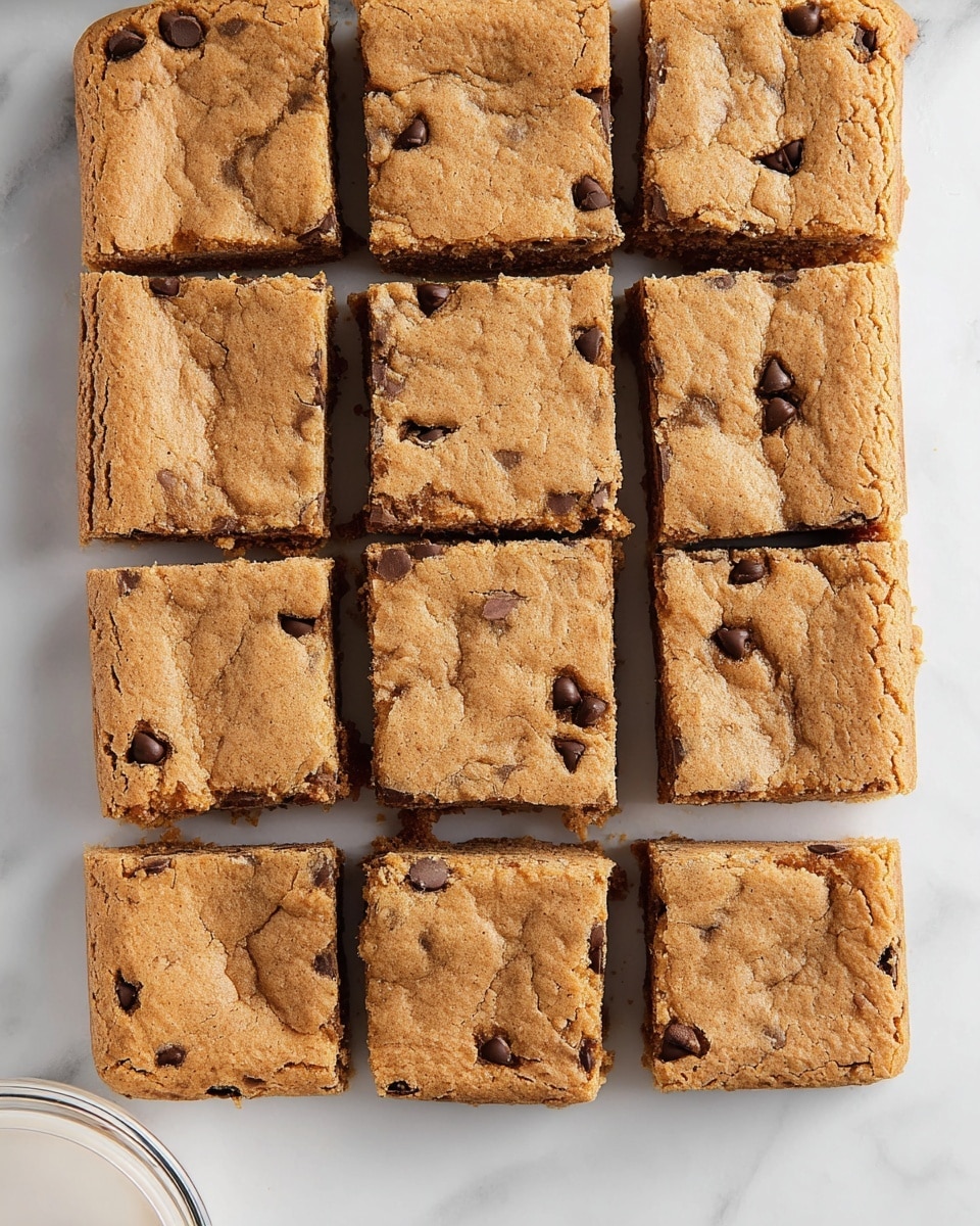 The image shows a square tray of 16 cookie bars, arranged in a 4 by 4 grid on a white marbled surface. Each bar has a light brown, slightly rough top with small cracks and a few dark chocolate chips scattered throughout. The bars have a thick, even texture and look soft but firm. The edges of the bars are straight and well-defined. Photo taken with an iphone --ar 4:5 --v 7