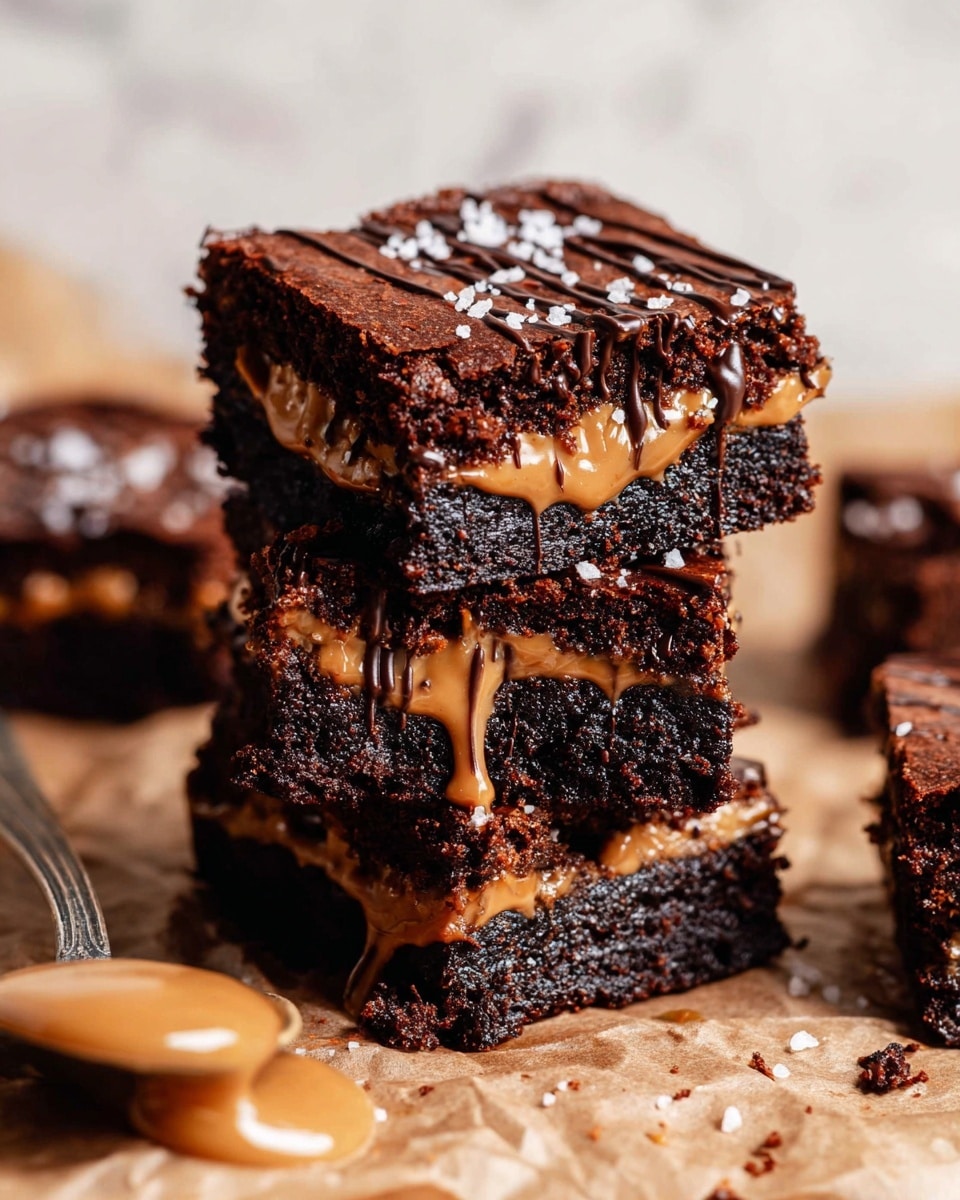 The image shows a stack of three thick square brownies with a dark, rich chocolate color. Each brownie has a smooth layer of light brown creamy sauce sandwiched inside and drizzled generously on top, with a few coarse white salt flakes sprinkled over the sauce. The brownies have a dense and slightly crumbly texture with crunchy bits inside. The stack is placed on a crinkled light brown paper, and a small metal spoon with more sauce is partly visible at the bottom left corner. The background has a soft white marbled texture. photo taken with an iphone --ar 4:5 --v 7