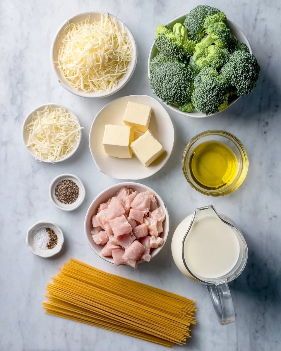 The image shows ingredients neatly arranged on a white marbled surface. There is a small bowl with shredded pale yellow cheese at the top left, and below it a small white dish with three square pieces of pale yellow butter. In the center top, a white bowl is filled with fresh, green broccoli florets. To the right, a clear glass holds a golden yellow liquid, likely oil. Below the broccoli, a white bowl contains diced pale pink raw chicken. In the bottom center, a bundle of long, straight, pale yellow dry pasta lies flat. To the right of the pasta, a tall glass jug filled with creamy white sauce is placed. In the bottom left, a small round white dish holds three spices—one white, one black, and one brown—arranged in sections. photo taken with an iphone --ar 4:5 --v 7