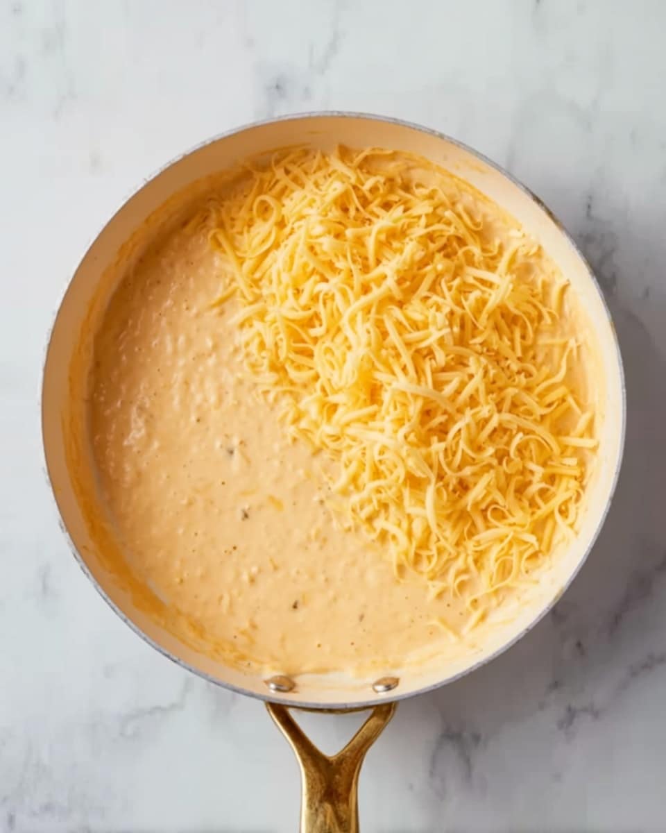 A white pan with a golden handle holds a creamy light orange mixture filling most of the pan, with shredded yellow cheese piled on one side on top of the mixture. The pan sits on a white marbled surface. The image is well lit, showing the soft smooth texture of the mixture and the coarser strands of the cheese photo taken with an iphone --ar 4:5 --v 7