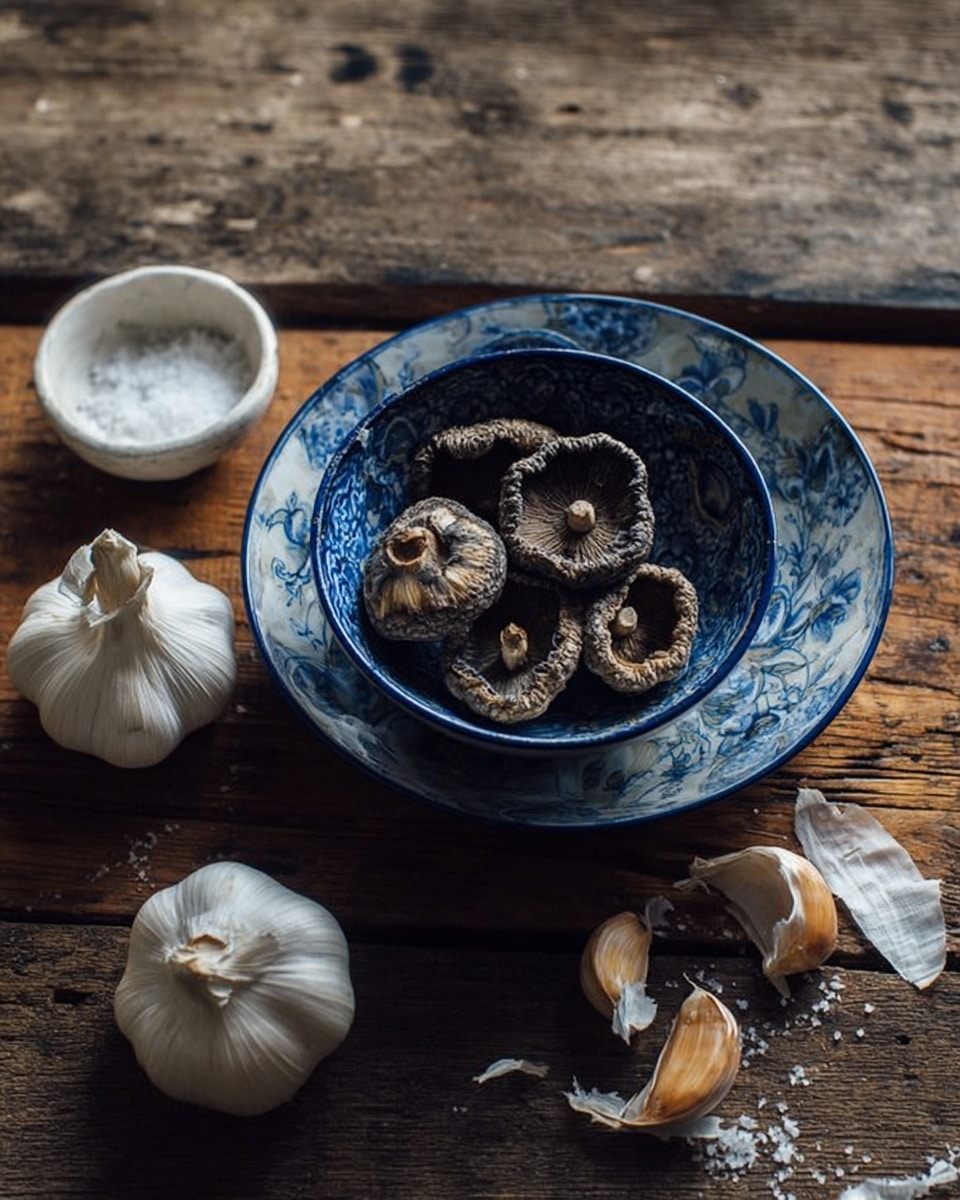 The image shows a set of two nested bowls on a wooden table with a dark and rough texture. The top bowl contains several dried shiitake mushrooms with wrinkled, dark brown caps and lighter stems visible. Surrounding the bowls are three garlic bulbs with white papery skin and a small white bowl filled with coarse salt. Some garlic skin flakes are scattered loosely on the wooden surface, adding texture. The overall color palette is earthy with browns, whites, and soft blues from the bowls' intricate floral patterns. photo taken with an iphone --ar 4:5 --v 7