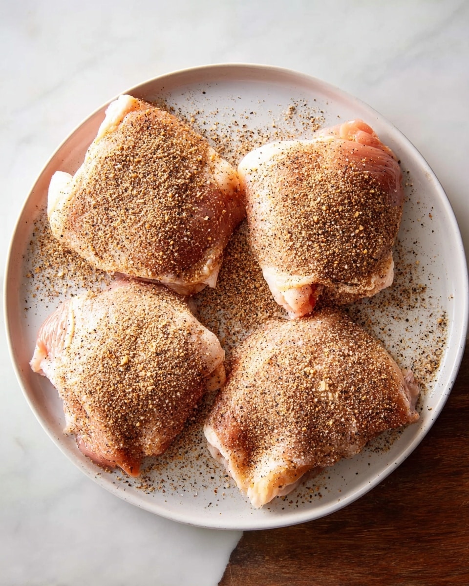 The image shows four pieces of raw chicken thighs laid out on a round white plate, each piece covered evenly with a grainy, brownish spice rub that has small flecks of black and golden colors. The chicken pieces are arranged in a loose circular pattern, leaving some space between them, and the spices are also scattered around the plate, giving a slightly rough texture to the surface. The plate sits on a white marbled surface that is smooth and light in color, adding contrast to the seasoned chicken. photo taken with an iphone --ar 4:5 --v 7