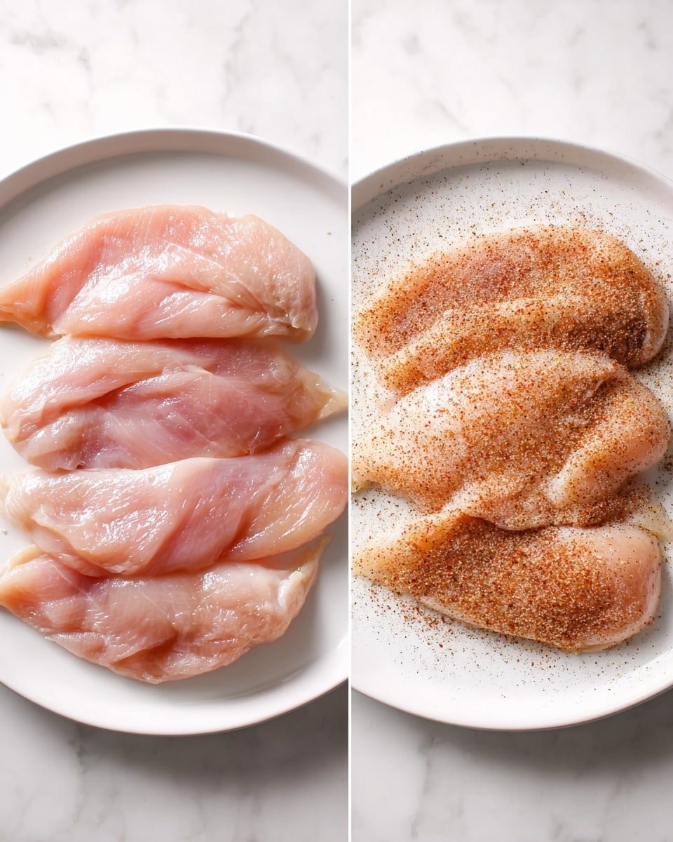 The image shows two white plates on a white marbled surface. On the left plate, there are four raw, pale pink chicken fillets arranged in a circular pattern, overlapping slightly with a smooth, shiny texture. On the right plate, the same four chicken fillets are seen, now sprinkled evenly with a layer of reddish-brown and black spices that create a grainy, speckled texture over the pale pink meat, keeping the circular arrangement. Photo taken with an iphone --ar 4:5 --v 7