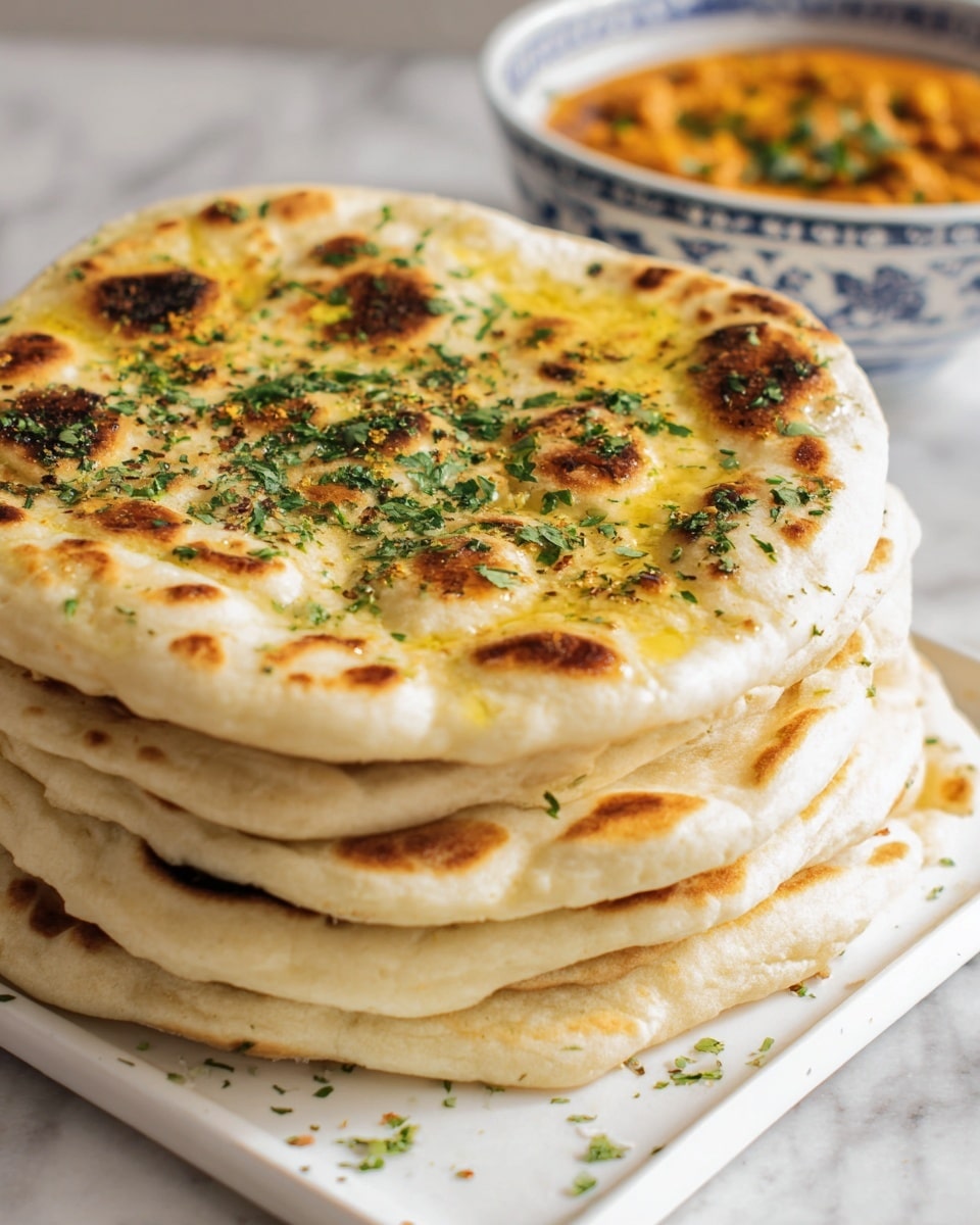 A stack of seven round flatbreads shows light golden brown spots on a soft white surface with some bubbled textures, layered evenly on a white rectangular plate. The top flatbread is brushed with melted golden yellow butter and sprinkled with bright green chopped herbs and dried spices. In the blurred background on the right, there is a white bowl with blue patterns filled with orange stew, sitting on a white marbled texture. The scene is lit by natural light, making the flatbreads look warm and fresh, with a woman's hand holding one piece slightly on the left side. photo taken with an iphone --ar 4:5 --v 7