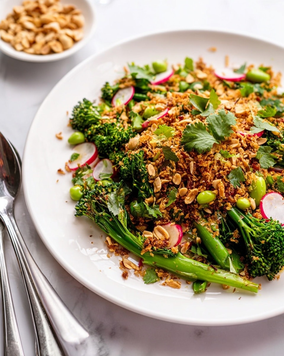 A white plate holds a colorful salad with three main layers visible. The bottom layer is made of bright green broccolini stems and florets spreading across the plate. On top, small pieces of green edamame and thin slices of red radishes are scattered evenly, adding pops of green and red. The final top layer is a generous sprinkle of golden-brown crispy rice mixed with crushed peanuts and fresh cilantro leaves, creating a crunchy texture and a mix of light brown, green, and tan colors. In the background, a white bowl with some of the same peanuts sits on a white marbled surface. A fork and spoon rest on the right side of the plate. photo taken with an iphone --ar 4:5 --v 7