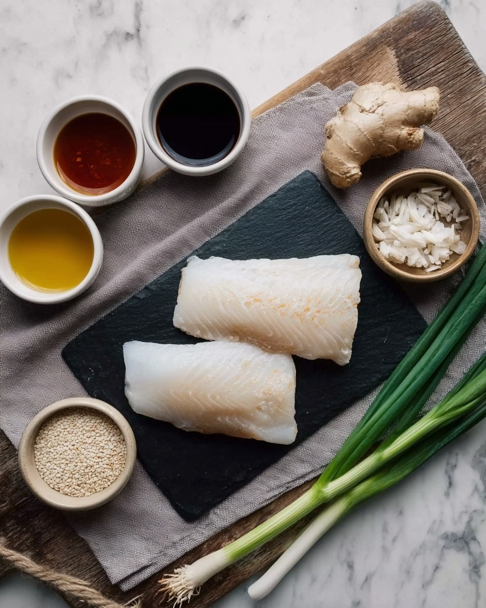 Two pieces of white fish fillets lie side by side on a black rectangular slate plate, placed over a light gray cloth napkin. To the left of the slate plate, three small white bowls hold sauces: one with a golden yellow liquid, another with a dark soy-like sauce, and the last one with a reddish-brown liquid. A small beige bowl filled with white sesame seeds is near a bulb of garlic. Three fresh green onions rest diagonally across the gray cloth, and a piece of fresh ginger is placed in the top right corner. The whole setting is on a white marbled textured surface. Photo taken with an iphone --ar 4:5 --v 7