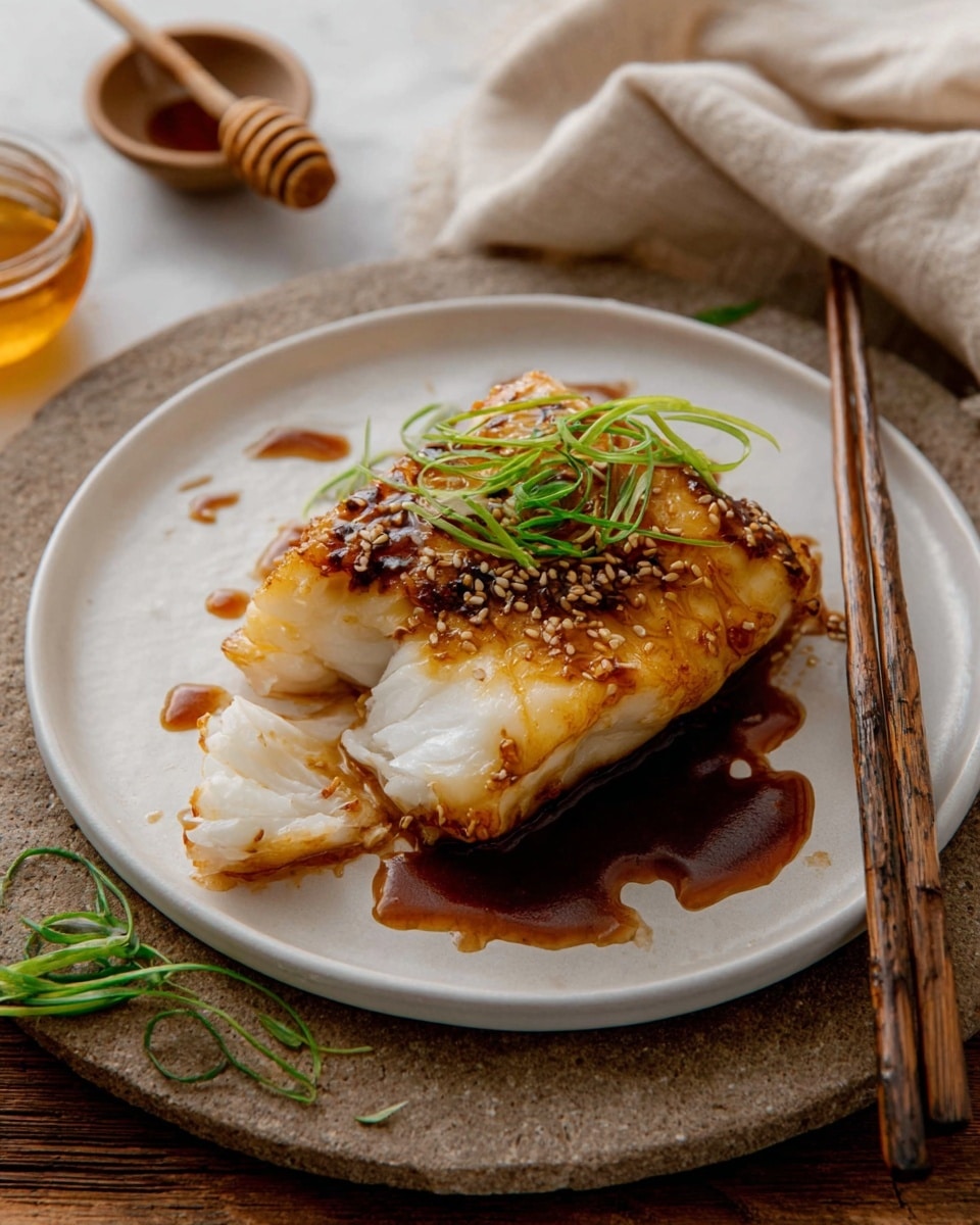 A single piece of cooked fish fillet sits in the center of a white plate, showing a crispy golden-brown top layer with sesame seeds and a glossy, dark brown sauce drizzled over and around it. The fish fillet is thick and flaky, with white layers visible on the side and a small piece lifted showing the soft inside. On top of the fish, there are thin curls of fresh green garnish that add a pop of color. Next to the plate, there are a pair of rustic wooden chopsticks resting on the edge. The plate is placed on a round stone-like tray, all set against a white marbled surface. In the background, a beige cloth and a small bowl with honey and a honey dipper can be seen. photo taken with an iphone --ar 4:5 --v 7