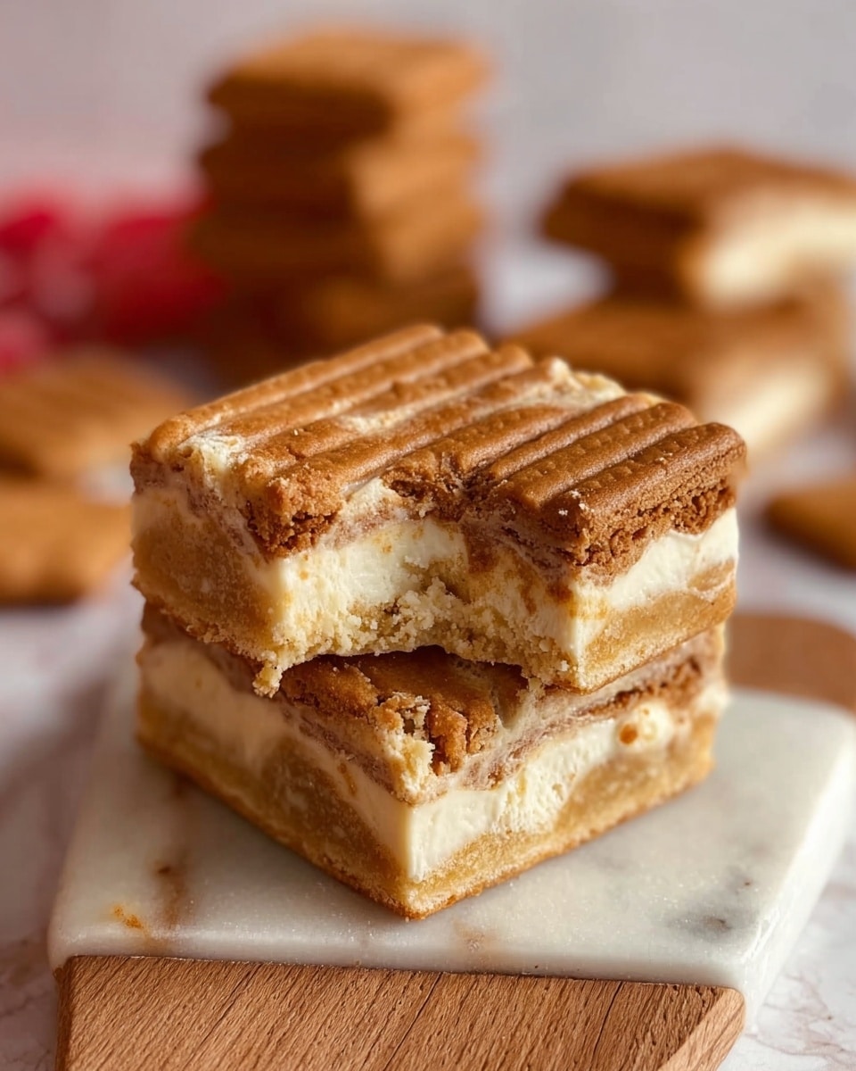 The image shows two square dessert bars stacked on a wooden board placed on a white marbled surface. Each bar has three layers: the bottom layer is a light, crumbly cookie base with a slightly golden color, the middle layer is a creamy, pale beige filling with a smooth texture, and the top layer consists of whole rectangular brown biscuits pressed into the filling, giving a rough, textured look. The edges of the bars are sharp and clean, showing distinct separation between the layers. In the background, there is a blurry stack of similar brown biscuits on the same white marbled surface. Photo taken with an iphone --ar 4:5 --v 7