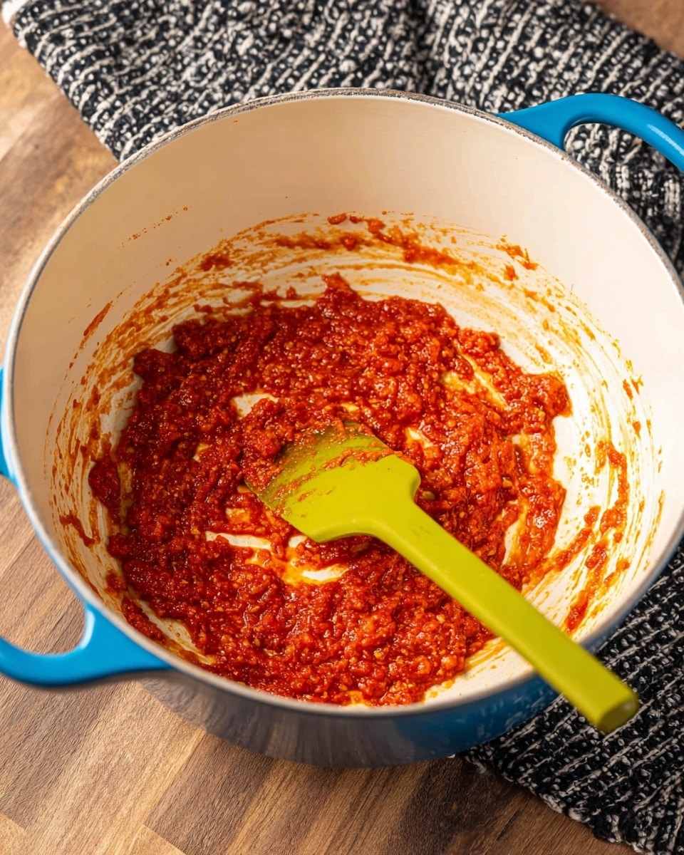 A blue pot with a white inside holds a thin layer of chunky red sauce spread unevenly around the bottom and sides. The sauce has a textured mix of small pieces, showing hints of oil that give a shiny, slightly orange tint in parts. A bright green silicone spatula lies inside the pot, resting diagonally with bits of sauce on it. The pot is placed on a wooden surface with a black and white textured cloth in the background. photo taken with an iphone --ar 4:5 --v 7