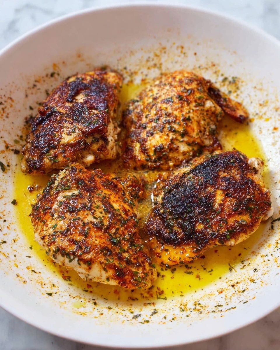 Three cooked chicken pieces with a golden brown and slightly charred outer layer are arranged inside a white bowl. The chicken is seasoned with herbs and spices, giving it a textured, speckled appearance with darker brown and orange tones. Around the chicken, there is a yellow-orange liquid, likely oil or sauce, pooling at the bottom of the white bowl. The bowl sits on a white marbled surface. photo taken with an iphone --ar 4:5 --v 7