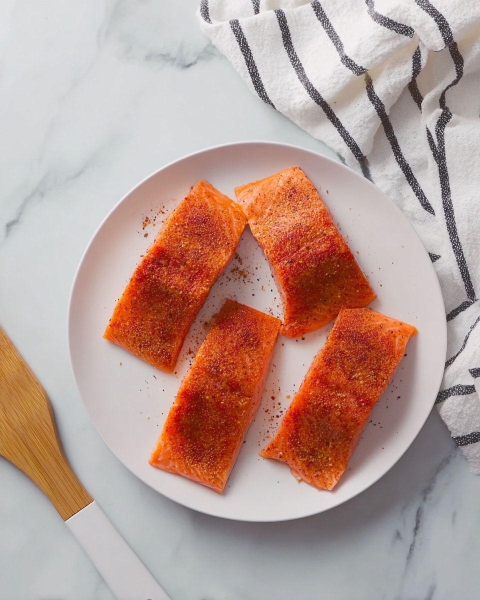 A white plate holds four rectangular pieces of orange salmon, each sprinkled evenly with a reddish-brown spice mix. The pieces are arranged loosely in a circle, slightly overlapping each other. The plate is placed on a white marbled surface, next to a white cloth with black stripes and a wooden spatula with a white handle. The overall look is clean and simple, focusing on the salmon and seasoning. photo taken with an iphone --ar 4:5 --v 7