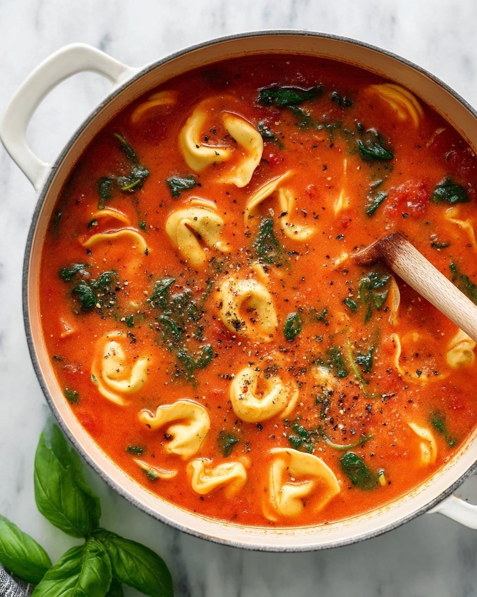 A white pot filled with bright red tomato soup with pieces of green spinach scattered throughout. Floating in the soup are folded, pale yellow tortellini pasta, some slightly open and showing their rounded shapes. A light sprinkling of black pepper dots the surface, and a wooden spoon rests inside the pot on the right side. The pot sits on a white marbled surface with a fresh green basil leaf nearby. Photo taken with an iphone --ar 4:5 --v 7