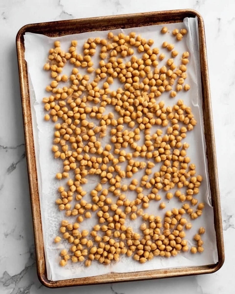 The image shows a baking tray with a white parchment paper lining, filled with small, light brown, round chickpeas spread all over the surface. The chickpeas are evenly spaced but loosely arranged in no particular pattern, covering almost the entire parchment paper. The tray edges are visible, showing a slightly darkened metal rim. The tray sits on a white marbled surface, adding a clean and simple background. A woman's hand is partly visible on the right edge, holding the tray steady. photo taken with an iphone --ar 4:5 --v 7