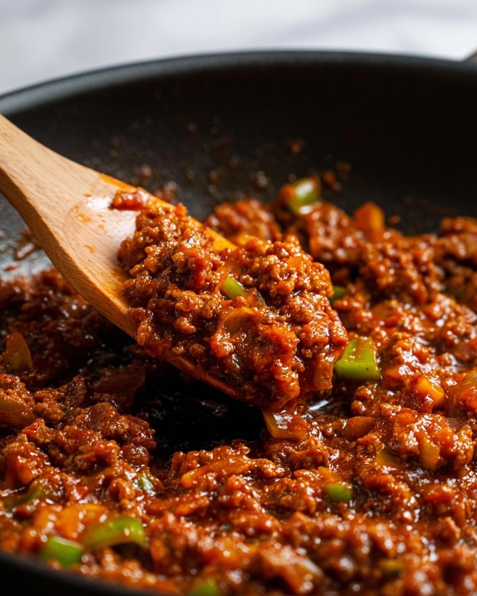 A close-up image of a black pan filled with cooked minced meat mixed with small pieces of green bell pepper and onions, all coated in a rich, glossy reddish-brown sauce. A wooden spoon is scooping some of the mixture, showing the thick, textured sauce that clings to the meat and vegetables. The background surface is a white marbled texture, making the dish stand out clearly. Photo taken with an iphone --ar 4:5 --v 7