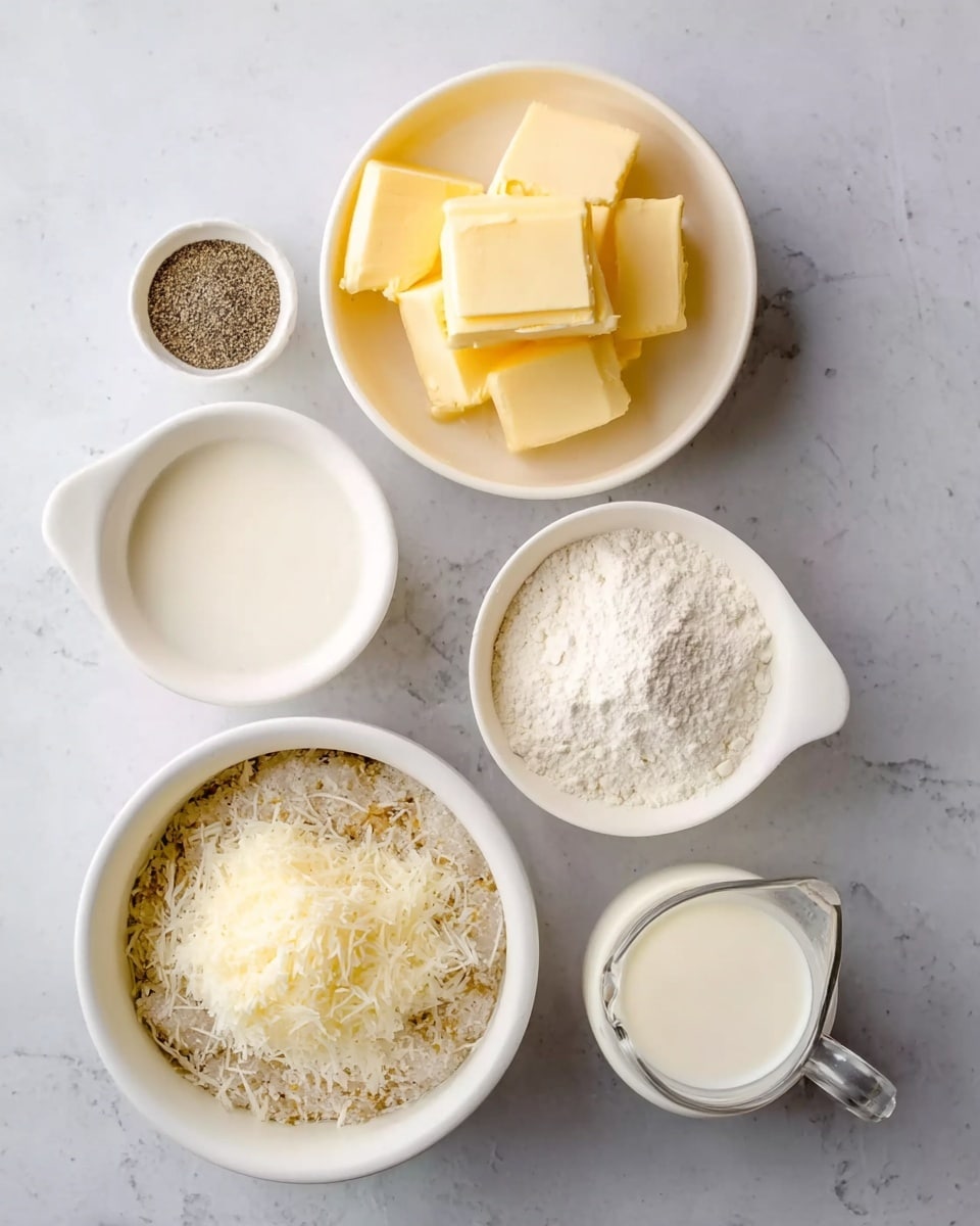 The image shows five white bowls and a small measuring jug arranged on a white marbled surface. In the top right, there is a white bowl filled with several thick, square pats of yellow butter. To its left, a small white bowl holds ground black pepper. Below the pepper, a medium white bowl contains white flour with a slightly fine texture. To the right, a clear measuring jug is filled with creamy white milk. On the bottom left, a large white bowl contains a mixture of shredded white cheese over a grainy base. Finally, a small white bowl on the bottom right holds minced or finely chopped garlic. photo taken with an iphone --ar 4:5 --v 7