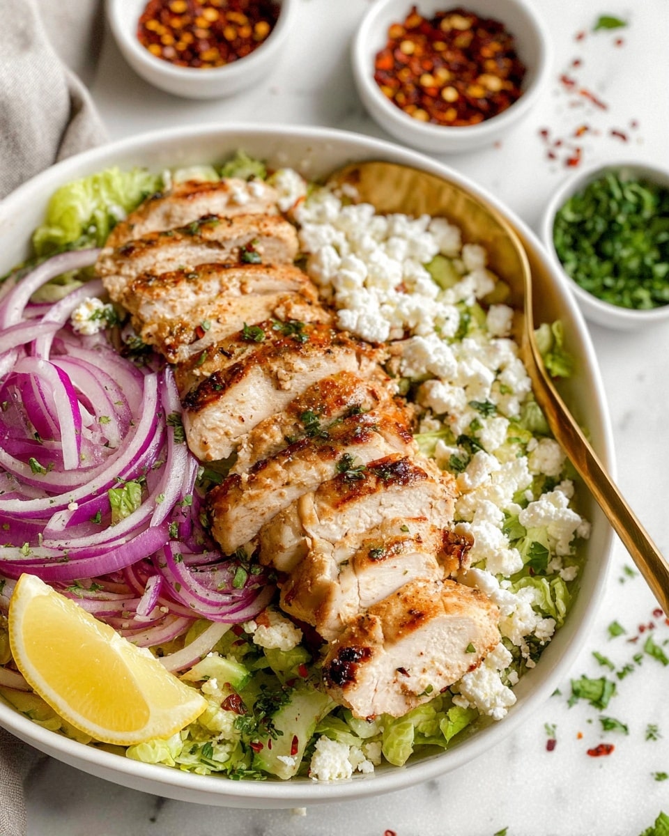 The image shows a white oval bowl filled with layers of food on a white marbled surface. The bottom layer is finely chopped green lettuce, topped with thin slices of red onion scattered on the left side. On top of the lettuce and onions are slices of cooked chicken, arranged in a neat row across the middle of the bowl. The chicken is light brown with some grill marks and has a juicy texture. White crumbled cheese is sprinkled over the chicken and vegetables, with small green herbs spread throughout. A wedge of lemon is placed on the bottom left corner inside the bowl. A gold spoon leans into the bowl near the chicken. In the background, two small white bowls contain red chili flakes and green herbs. Some chili flakes and herbs are scattered on the surface around the bowl. Photo taken with an iphone --ar 4:5 --v 7