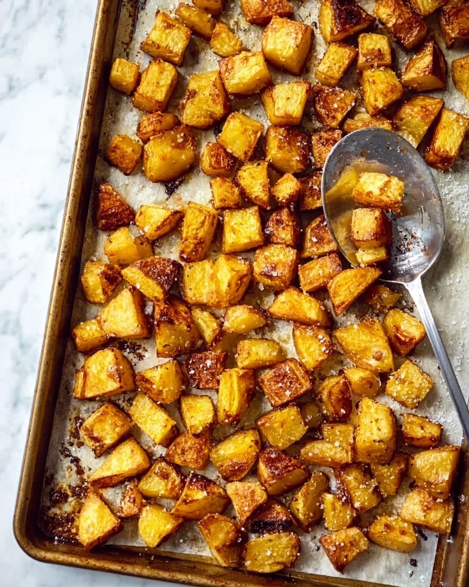 A baking tray filled with many golden brown roasted potato cubes, each with a crispy outer texture and some pieces showing a sprinkle of coarse salt. The potatoes are spread evenly across the tray with a silver serving spoon on the right side scooping some pieces. The tray sits on a white marbled surface. photo taken with an iphone --ar 4:5 --v 7