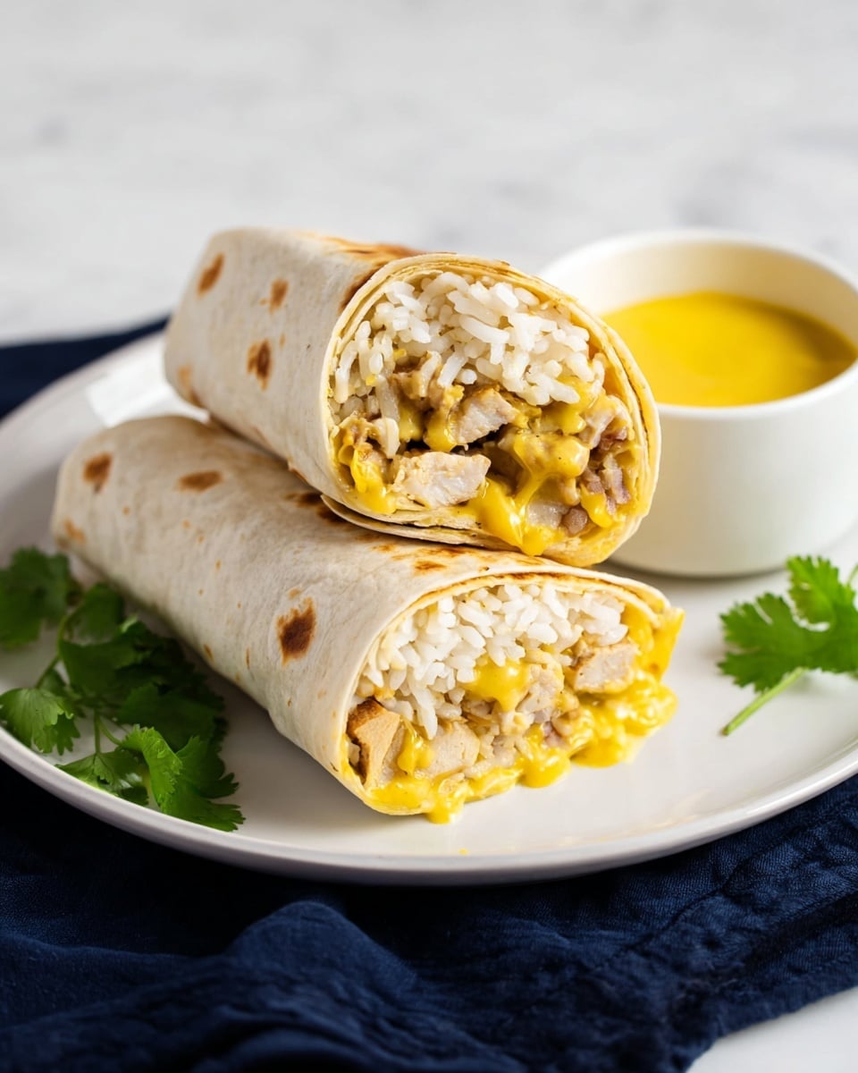 The image shows two halves of a burrito stacked on a white plate with a white marbled background. Each burrito has three visible layers: the outer light beige tortilla with small brown spots, a middle layer of cooked white rice with separate grains, and an inner layer filled with small pieces of cooked light brown chicken mixed with melted yellow cheese sauce. To the side, there is a small white bowl filled with the same yellow cheese sauce. Some green cilantro leaves are placed on the plate near the burrito. The whole setup rests on a dark navy blue cloth. photo taken with an iphone --ar 4:5 --v 7