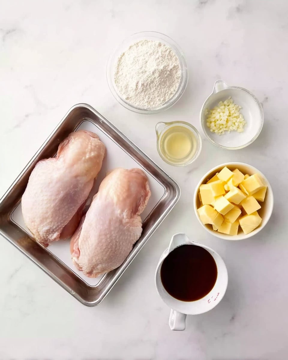 The image shows two raw light pink chicken pieces in a metal tray on the left side. Around the tray, there are six small white bowls and measuring cups with different ingredients placed on a white marbled surface. At the top left is a small white bowl filled with white flour. To its right, there is a small white bowl with chopped garlic, next to it is a small white cup with a pale yellow liquid. Below these, a white measuring cup holds a dark brown sauce, and next to it is a small white cup with a darker brown sauce. Lastly, a white bowl contains yellow cubes of butter, all arranged neatly on the marble background. Photo taken with an iphone --ar 4:5 --v 7