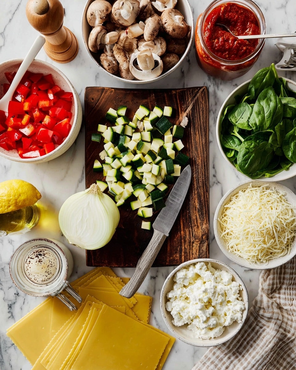 The image shows ingredients for cooking, laid out on a white marbled surface. In the center, there is a dark wooden cutting board with chopped green zucchini pieces scattered on its surface next to a large knife. To the top right of the board, a white bowl is filled with whole brown mushrooms, and fresh green spinach leaves are placed nearby on the right side. On the lower right, a white bowl is full of soft white ricotta cheese, and just above it is a white bowl with shredded white cheese. To the left, there is half a white onion on the cutting board and a bulb of garlic resting nearby. Yellow dried lasagna sheets are placed on the board and extending to the marbled surface. On the top left, diced red bell pepper is in a white bowl. A wooden pepper grinder, a lemon, a glass bottle of oil, and a small white bowl filled with grated cheese or seasoning are positioned around the cutting board. A jar of red tomato sauce sits next to the lasagna sheets, and a beige and white striped cloth is placed on the bottom left corner. Photo taken with an iphone --ar 4:5 --v 7