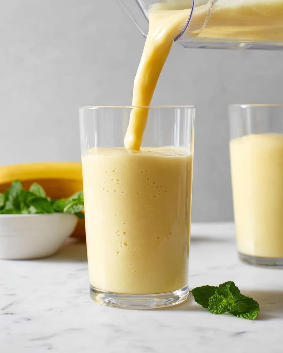 A clear glass is filled with creamy, pale yellow smoothie being poured from a transparent blender container, showing a thick and smooth texture with some bubbles on the surface. Behind the glass on the white marbled surface, there is a whole yellow banana and a white bowl with fresh green mint leaves. A second glass filled with the same yellow smoothie is softly blurred in the background. The scene is bright and clean with soft natural light, focused on the pouring action. photo taken with an iphone --ar 4:5 --v 7