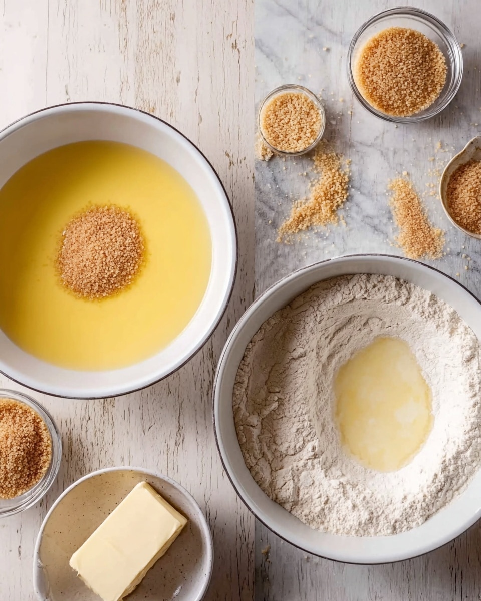 The image shows two white bowls placed side by side on a white marbled surface. The left bowl holds a yellow liquid mixture with a small pile of light brown granules resting on the surface near the center. The right bowl contains white flour with a well of pale yellow liquid in the middle, creating a contrast between the dry flour and wet mixture. Around the bowls, there are small glasses filled with light brown granules, and a white bowl containing a piece of butter. The scene has natural light, and the textures of the ingredients are clear. Photo taken with an iphone --ar 4:5 --v 7