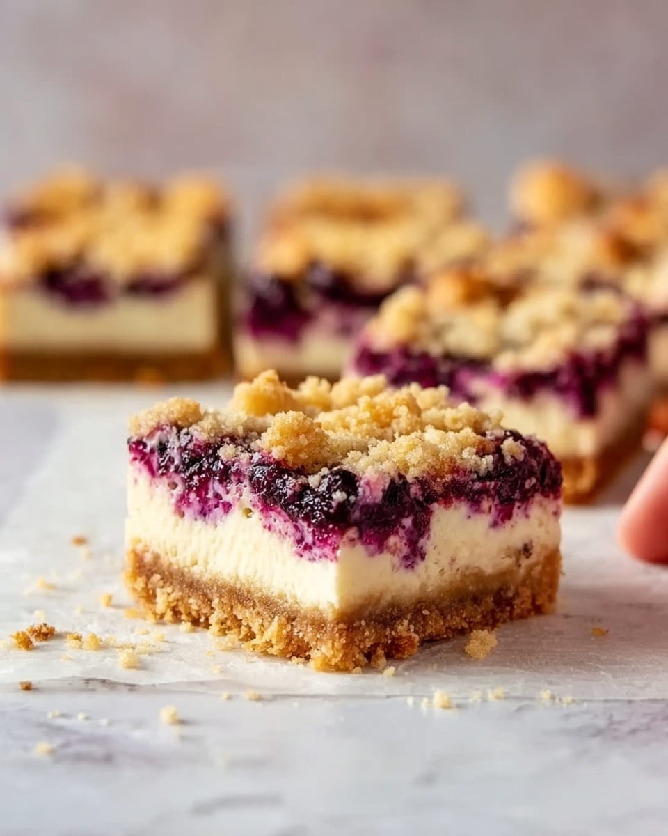 The image shows a close-up of a piece of crumb-topped berry cheesecake bar on a white marbled surface with more bars blurred in the background. The dessert has three layers: a crumbly light brown base layer, a thick creamy white middle layer, and a top layer of mixed dark purple berry filling with golden crumbs scattered over it. A woman's hand is holding the front piece gently, and the soft light highlights the texture of the crumb and creamy layers. Photo taken with an iphone --ar 4:5 --v 7
