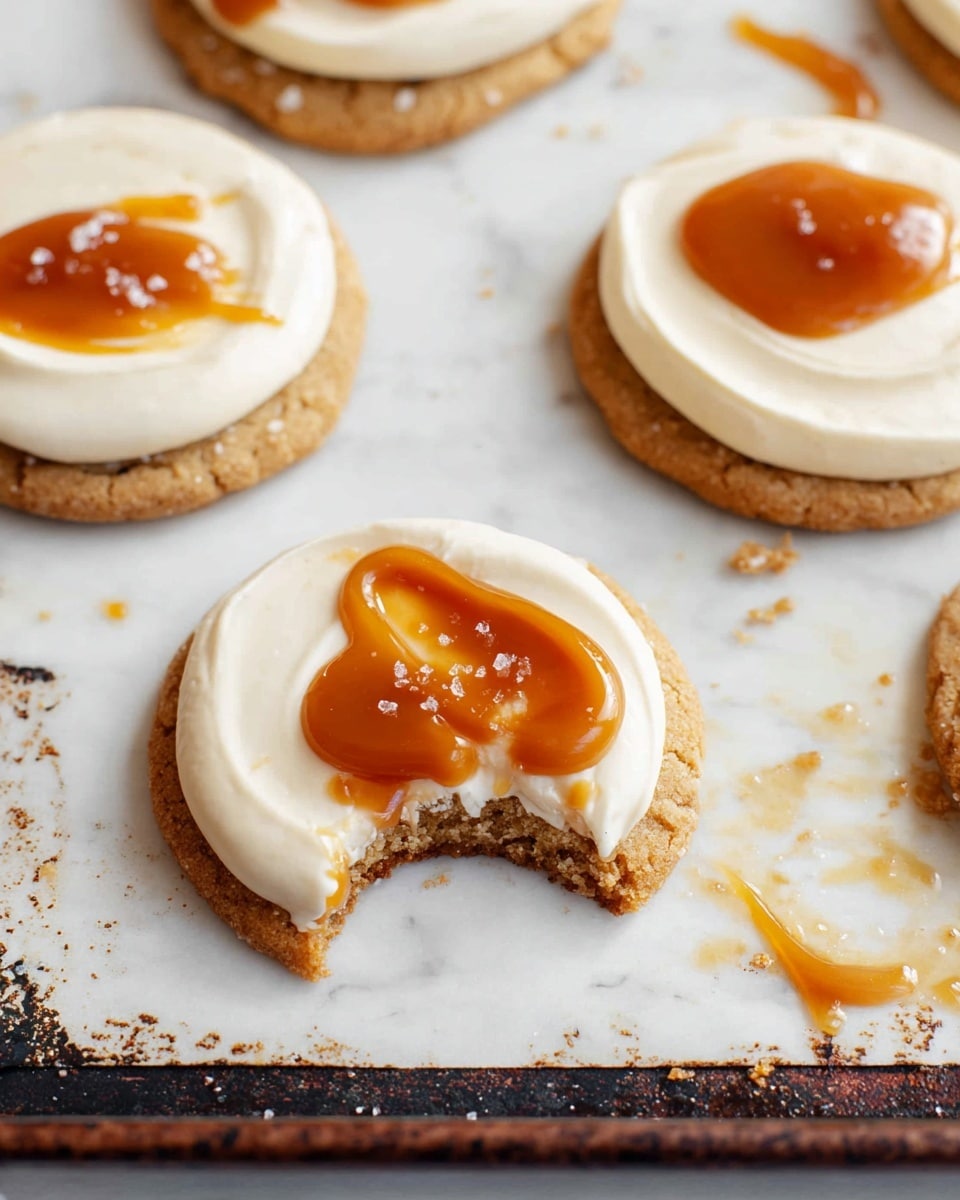 The image shows round cookies on a white marbled surface with a dark baking tray edge visible. Each cookie has two layers: the base is a golden-brown baked cookie with a slightly rough texture, and the top layer is a smooth creamy white frosting spread evenly. In the center of the frosting, there is a dollop of shiny amber caramel sauce with small salt crystals sprinkled on top. One cookie in the front has a bite taken out of it, showing the thickness and texture of the frosting and cookie layers. There are some crumbs and small caramel smears scattered around. Photo taken with an iphone --ar 4:5 --v 7