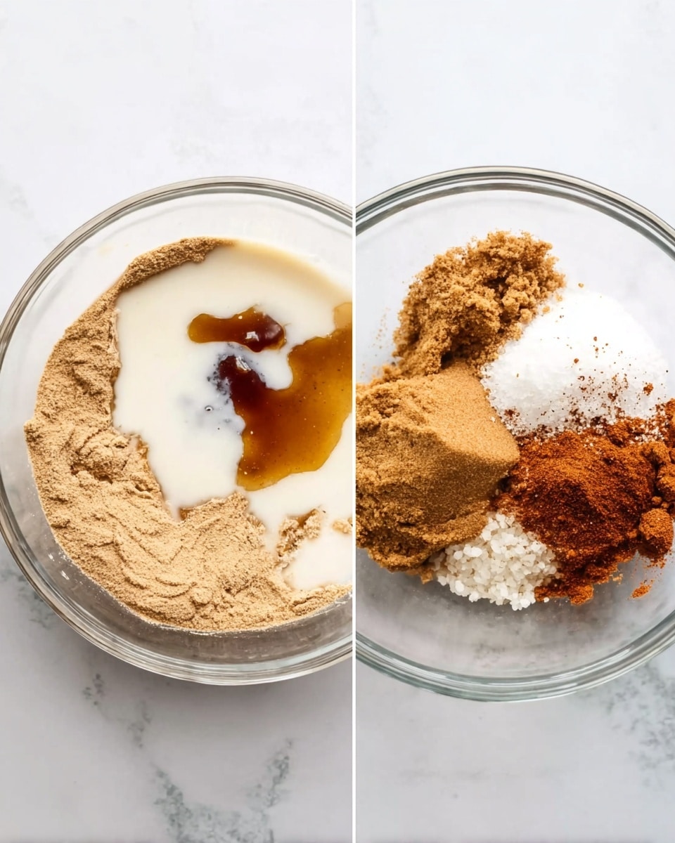 The image shows two clear glass bowls set side by side on a white marbled surface. The bowl on the left contains a mix of dry and wet ingredients: a light brown powder spread around the edges, topped with a white creamy liquid covering much of the center, a small amount of vanilla extract with a dark amber color rests in a small puddle. The bowl on the right holds various powders and granulated ingredients: a mound of medium brown sugar, a pile of darker brown sugar, a small heap of white granules, and a scattering of reddish-brown cinnamon powder near the top. Each ingredient is distinct and not yet stirred. photo taken with an iphone --ar 4:5 --v 7