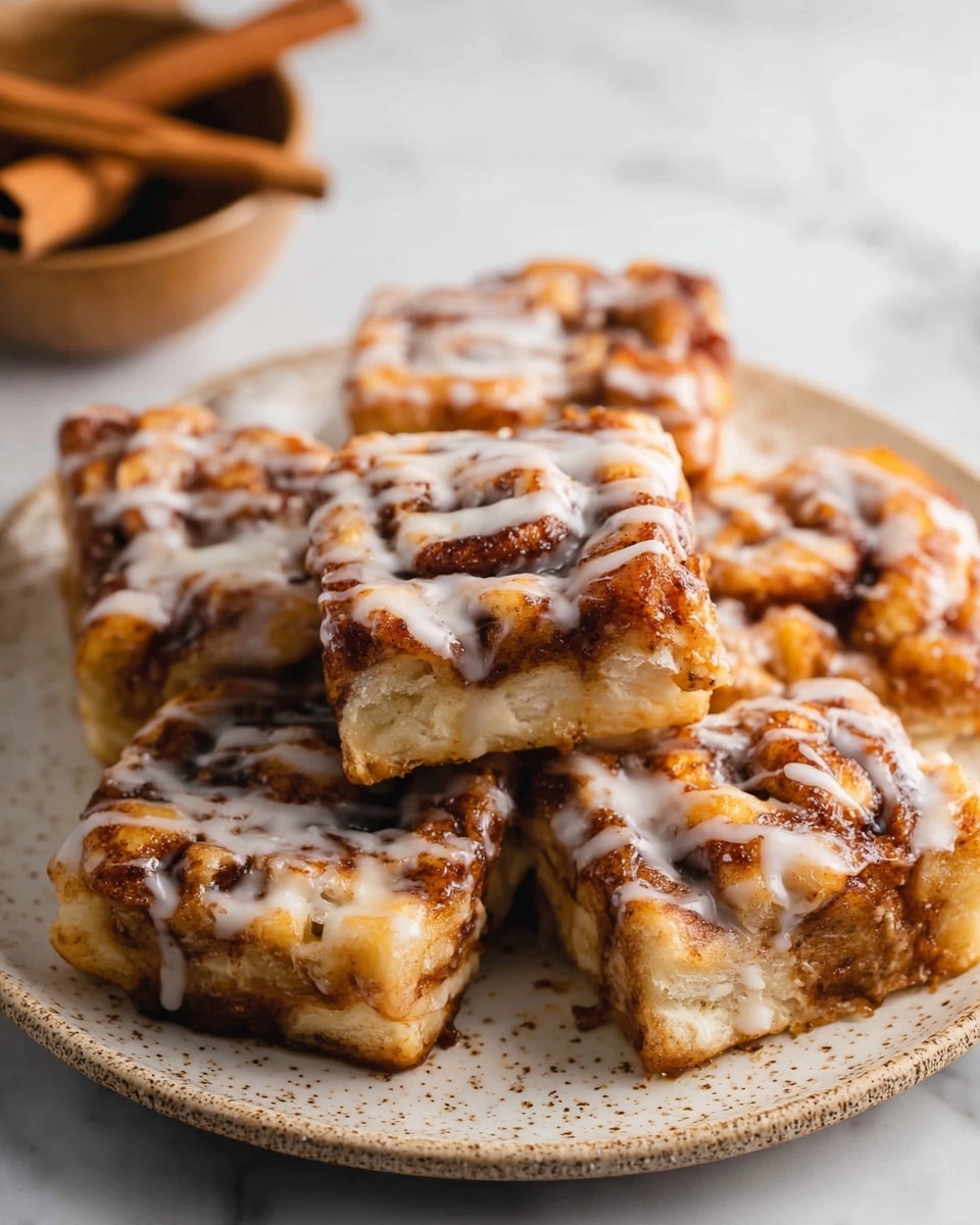 The image shows six thick, square cinnamon roll pieces stacked on a round white plate with a slightly textured surface. Each piece has a light golden brown base layer topped with a middle layer of caramelized cinnamon swirls, giving a warm brown color with darker edges. On top, there is a thin drizzle of white icing that glistens softly, adding contrast and a smooth texture to the rough cinnamon topping. The plate sits on a white marbled surface, and in the background, a bowl with cinnamon sticks is placed slightly out of focus. Photo taken with an iphone --ar 4:5 --v 7