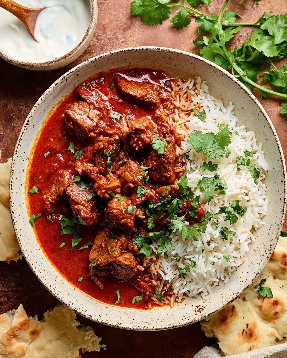 A white speckled bowl contains a rich red sauce stew with chunks of tender meat covered in the sauce. On one side of the bowl is a portion of fluffy white rice topped with green cilantro leaves scattered over both the rice and the stew. The bowl is placed on a brown surface with some torn flatbread and fresh cilantro leaves nearby. At the top is a small white bowl with white yogurt and a wooden spoon inside. Photo taken with an iphone --ar 4:5 --v 7