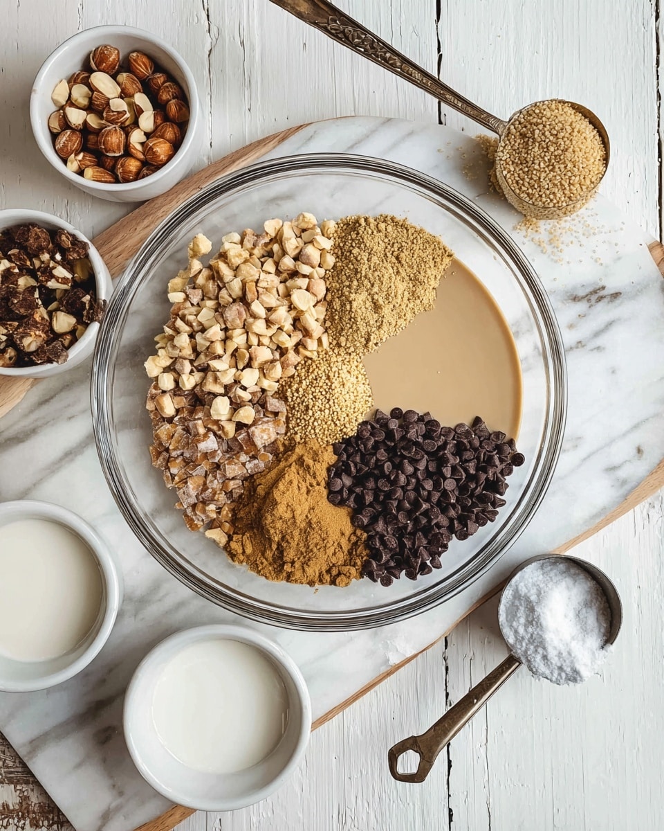 The image shows a clear glass bowl on a white marbled surface, divided into five different sections of ingredients: chopped nuts in light brown and beige tones, a heap of golden brown powder, a smooth beige liquid, many small dark chocolate chips, and light brown butterscotch chips. Surrounding the bowl are small white bowls, some with more ingredients, a small wooden spoon, a metal measuring spoon with white powder, and a metal ladle with a wooden handle. The scene is well lit and clean, capturing the textures and colors clearly, photo taken with an iphone --ar 4:5 --v 7