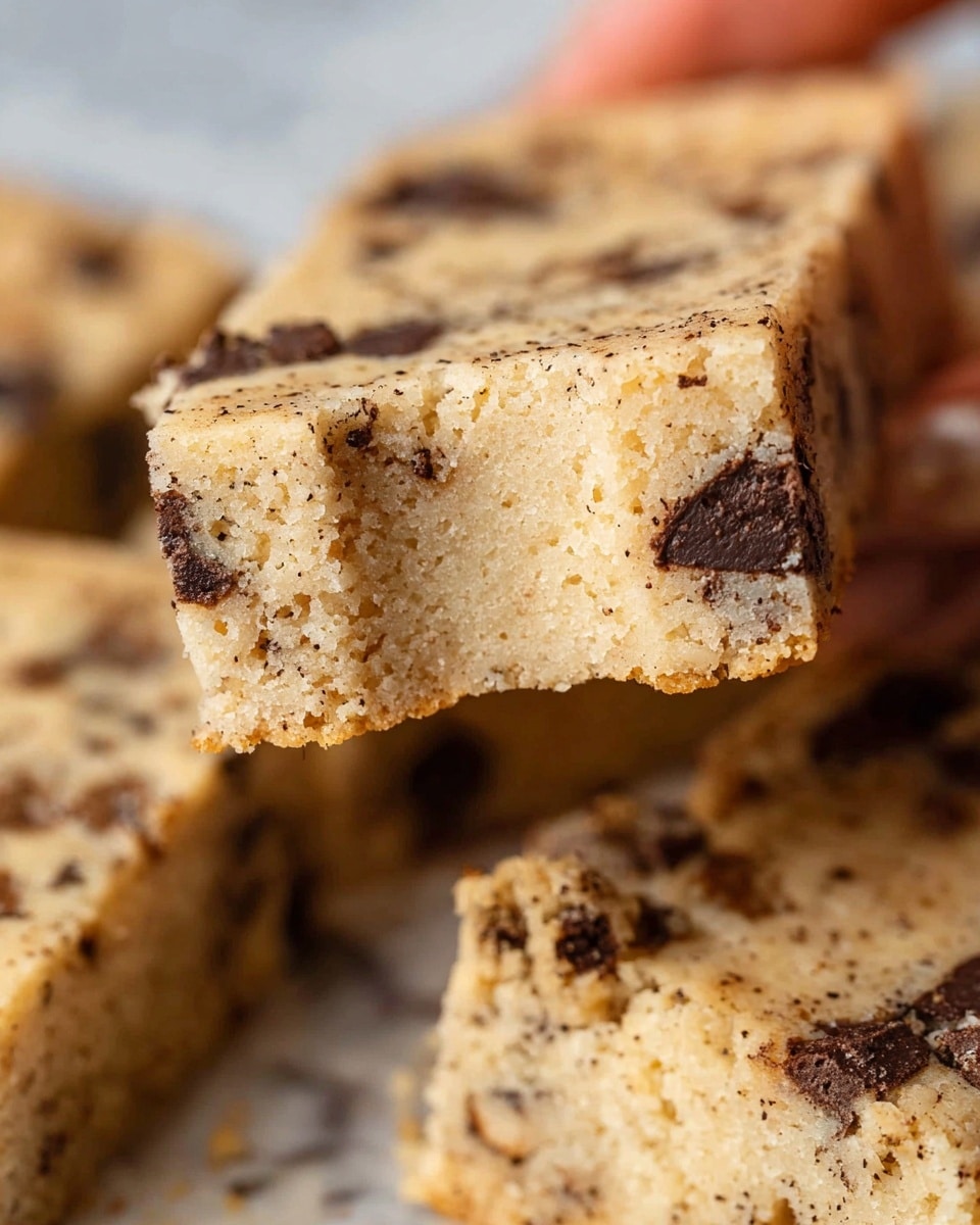 A close-up view of a light beige cookie bar with visible dark chocolate chunks scattered throughout, held by a woman's hand above more pieces of the same cookie bar, all resting on a white marbled surface background. The texture looks soft and slightly crumbly, with a bit of a bite taken from the corner revealing a tender, moist inside. The cookie bars have a subtle speckled appearance from finely ground spices or cocoa embedded in the dough, giving a contrast between the soft cookie and rough chocolate pieces. Photo taken with an iphone --ar 4:5 --v 7