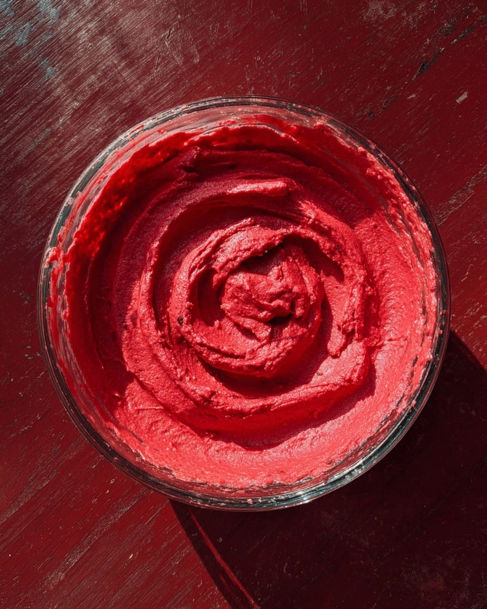 A single layer of bright red smooth and thick paste is swirled evenly inside a clear glass bowl, showing a creamy texture with tiny bits visible, placed on a dark red wooden surface. The top of the paste has a spiral pattern created by a stirring motion, with the edges pressed slightly against the sides of the bowl, photo taken with an iphone --ar 4:5 --v 7