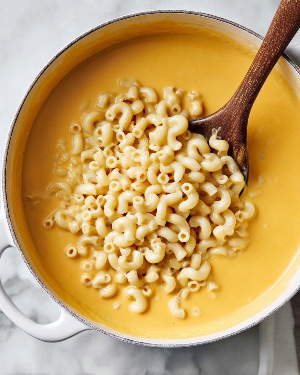 A white pot filled with two layers is shown on a white marbled surface. The bottom layer is a thick, smooth, bright yellow-orange cheese sauce covering the whole pot. On top, there is a pile of uncooked pale yellow elbow macaroni, which rests in the middle of the cheese sauce. A wooden spoon is partially dipped into the cheese sauce near the edge of the macaroni. Photo taken with an iphone --ar 4:5 --v 7