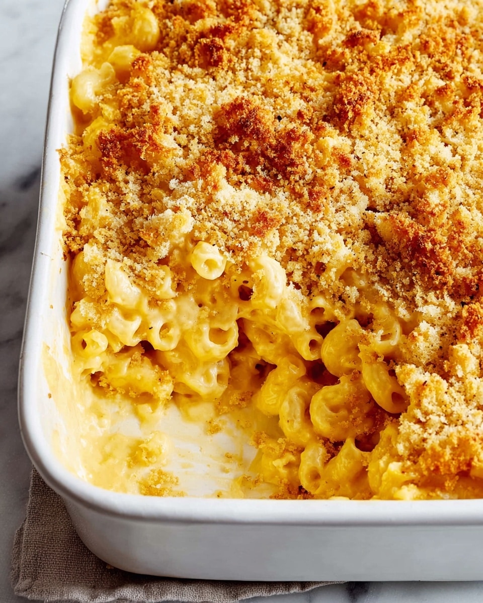 A white baking dish contains macaroni pasta covered in a creamy yellow cheese sauce with a thick, golden crispy breadcrumb topping. The dish shows a section taken out from one corner, revealing three layers: the bottom layer has soft, yellow macaroni pasta coated in rich cheese sauce, the middle layer is a small amount of the melted cheese holding the pasta together, and the entire top layer is a golden, crumbly, textured breadcrumb crust. The white baking dish sits on a white marbled surface. Photo taken with an iphone --ar 4:5 --v 7