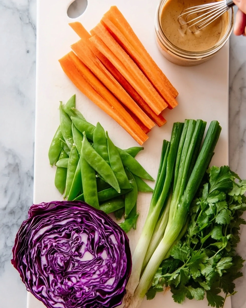 A white cutting board sits on a white marbled surface with fresh vegetables neatly arranged on it. On the left, there are five long orange carrot sticks placed parallel to each other. Next to the carrots are green snow peas, piled in a small mound with their smooth, shiny skins visible. Close to the snow peas are several stalks of fresh green onions with thin, long leaves, standing upright and slightly fanned out. To the right of the green onions is a bunch of bright green cilantro, full of delicate leaves. At the bottom left corner of the board is a half of a purple cabbage showing tightly packed, rich purple and white layers with a textured surface. At the upper edge of the cutting board, a clear plastic jar holds a light brown creamy sauce, with a woman's hand holding a whisk dipped in it. The photo taken with an iphone --ar 4:5 --v 7