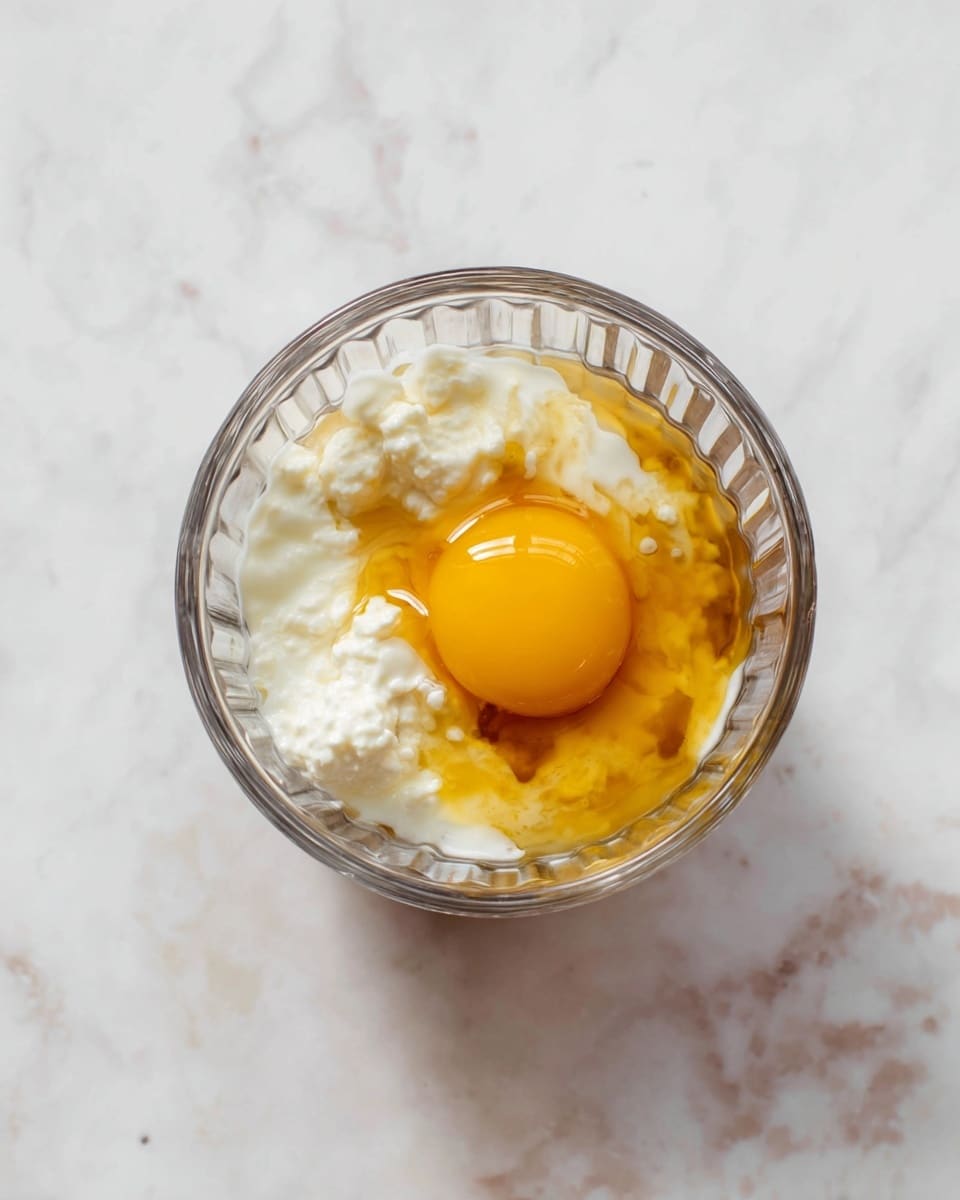 A clear glass cup with ridges is shown from above, resting on a white marbled surface. Inside the cup, there are three main layers: at the bottom, a white, lumpy layer that looks like cottage cheese or a soft dairy product; above it, a bright yellow egg yolk, smooth and round, sitting near the edge; and a splash of golden brown liquid, likely vanilla or syrup, partially mixing with the white layer. The colors contrast clearly, with the creamy white, vibrant yellow, and amber tones all visible through the transparent cup. Photo taken with an iphone --ar 4:5 --v 7