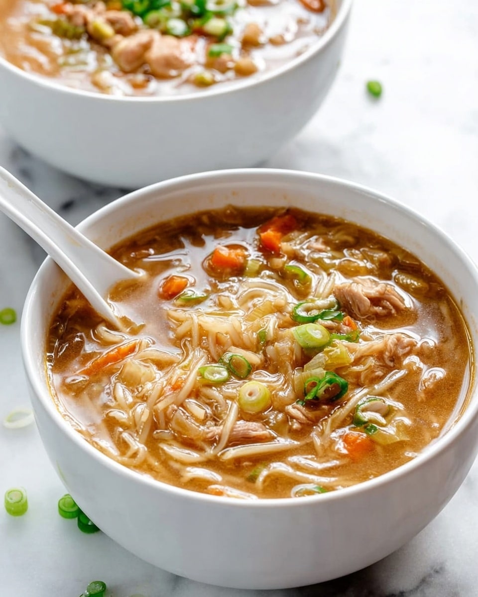 A white bowl filled with a light brown broth soup containing clear thick noodles, small pieces of light-colored meat, thin carrot slices, and bits of chopped green onion on top. The soup has a shiny surface with visible ingredients mixed throughout in a layered way. A white spoon is placed inside the bowl on the left side. The bowl sits on a white marbled surface with some green onion pieces scattered near it. In the background, there is another white bowl with the same soup, slightly out of focus. Photo taken with an iphone --ar 4:5 --v 7