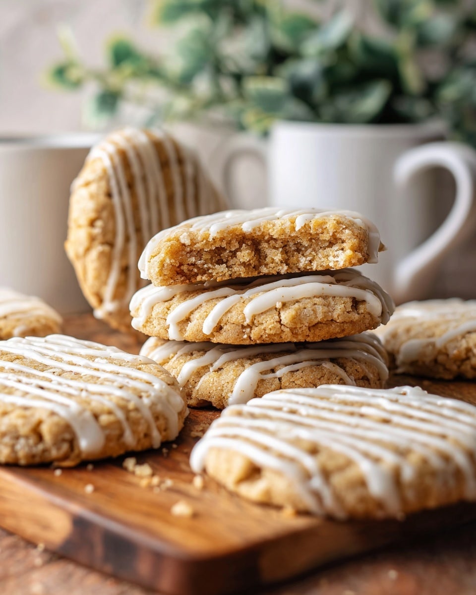 The image shows a group of round cookies with a light golden brown color and a crumbly texture, placed on a wooden surface. Each cookie is decorated with thin white icing lines drizzled over the top. In the center, three cookies are stacked on top of each other, showing their thickness and soft interior. One cookie is held upright behind the stack, broken in half to reveal its soft and slightly coarse inside. The background has a soft focus with green plants in white mugs and a white marbled texture surface. photo taken with an iphone --ar 4:5 --v 7