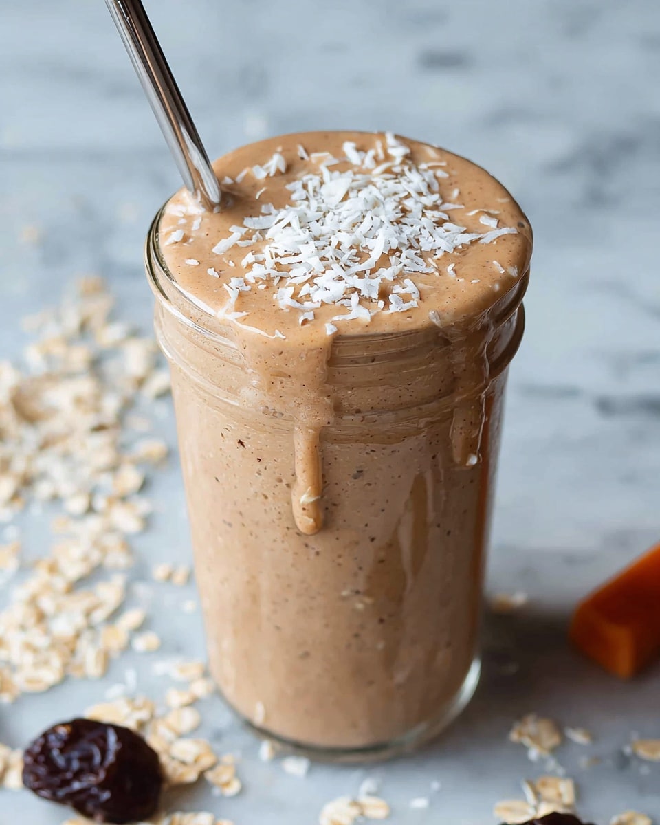 A tall clear glass is filled to the top with a thick, light brown smoothie that flows slightly over the edge. The smoothie has a smooth, creamy texture sprinkled with white coconut flakes on its surface. A silver metal straw stands upright in the glass from the left side. The glass sits on a white marbled surface scattered with light oat flakes and a few dark raisins around it. The photo is close-up and bright, showing the texture and colors clearly. photo taken with an iphone --ar 4:5 --v 7