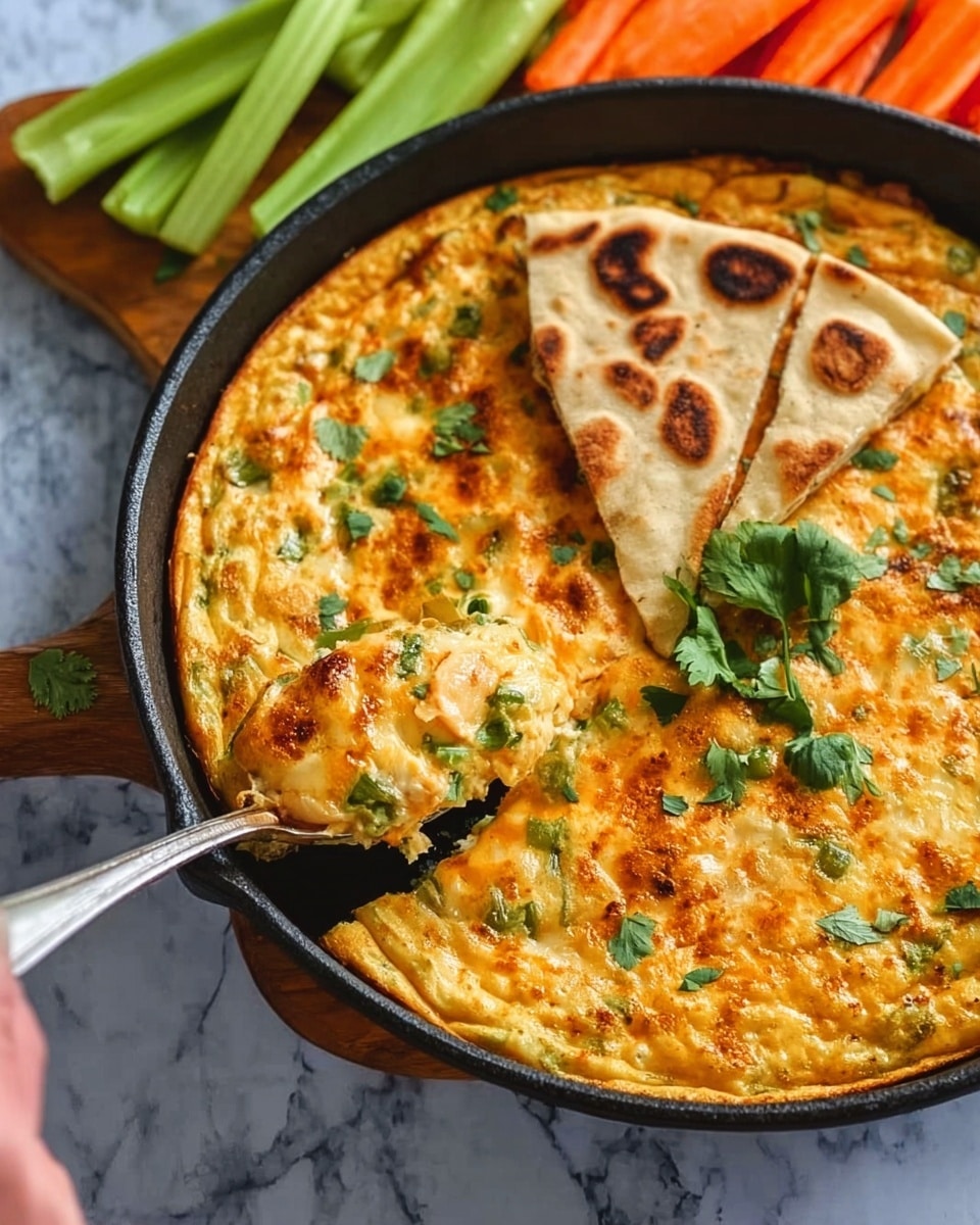 A round black skillet filled with a thick cheesy orange frittata featuring green herbs mixed inside. Two pieces of flatbread with browned spots stand vertically on one side near the top. Fresh green cilantro leaves are scattered on top. A silver spoon scooping some of the frittata is held by a woman's hand from the bottom left corner. The skillet rests on a white marbled surface with fresh green celery and orange carrot sticks in the background. photo taken with an iphone --ar 4:5 --v 7