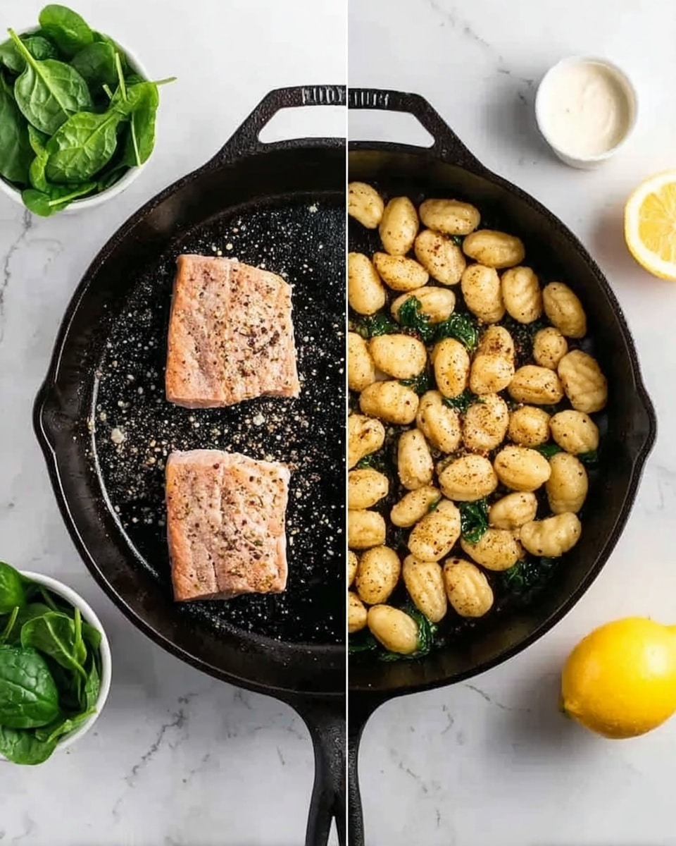 The image shows two side-by-side views of a black cast iron pan on a white marbled surface. The left side has two light pink pieces of meat with a light sprinkle of pepper and spices, laying flat in the pan. The right side shows the same pan filled with golden-brown gnocchi scattered evenly. Around the pan are fresh green spinach leaves in a small white bowl at the bottom left and a bright yellow lemon at the bottom right. A small white bowl with white sauce is placed at the top right near the pan photo taken with an iphone --ar 4:5 --v 7