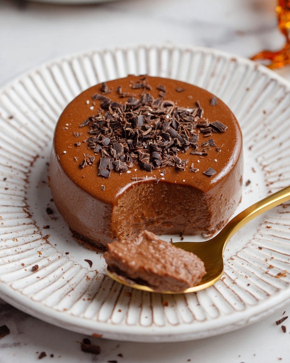 A small round chocolate dessert sits on a white plate with a raised pattern around the edge. The dessert has one smooth, rich brown layer with a creamy texture and is topped with small dark chocolate shavings scattered across the surface. A gold spoon is placed at the front, lifting a portion of the dessert, showing its soft and smooth inside. The plate rests on a white marbled surface with some small chocolate bits around it. Photo taken with an iphone --ar 4:5 --v 7