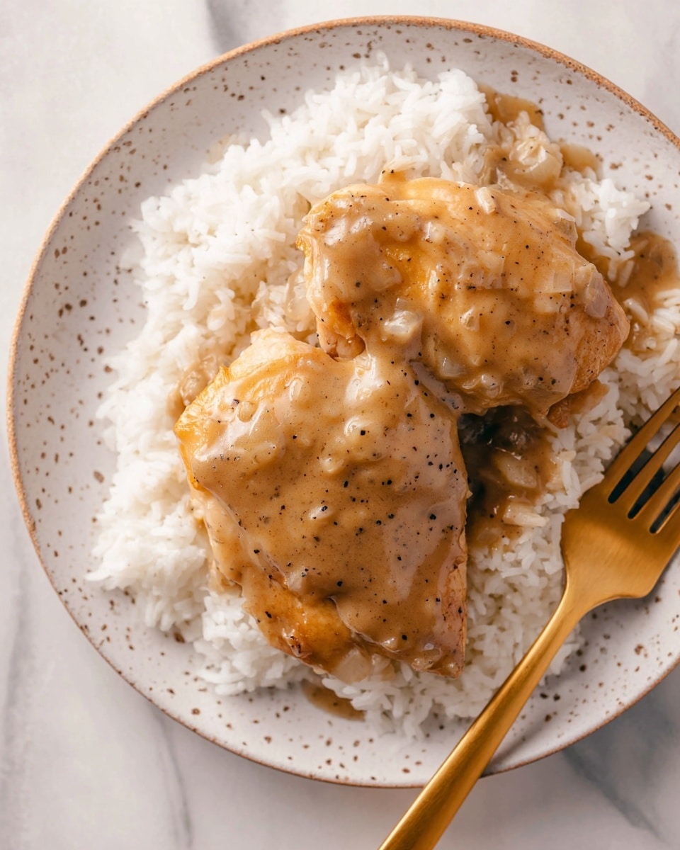 A white speckled plate holds a bed of fluffy white rice spread evenly across the bottom. On top, there are two pieces of golden brown cooked chicken, covered in a smooth, thick light brown gravy with hints of black pepper and small translucent onion pieces. The gravy spreads softly over the rice, creating a moist, shiny layer. To the right, a gold fork rests on the plate edge. The plate sits on a white marbled surface photo taken with an iphone --ar 4:5 --v 7